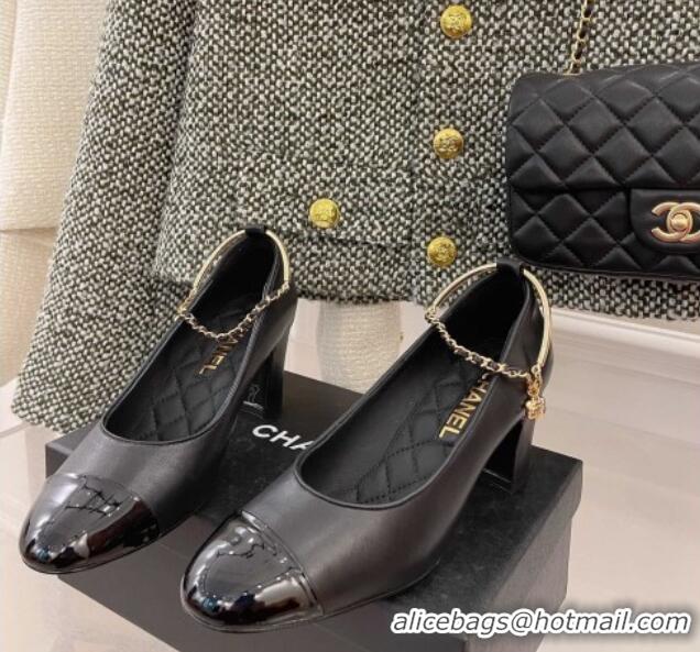 Sumptuous Chanel Lambskin and Patent Leather Pumps with Chain Black 122834