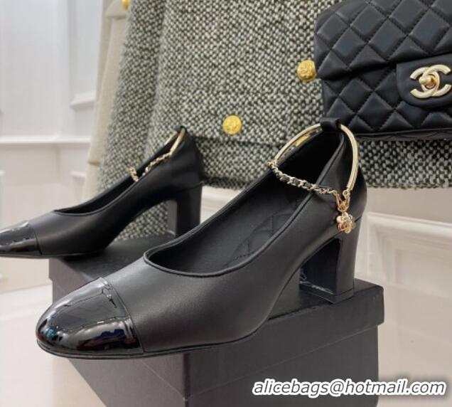 Sumptuous Chanel Lambskin and Patent Leather Pumps with Chain Black 122834