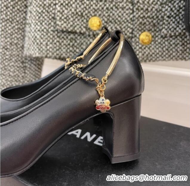 Sumptuous Chanel Lambskin and Patent Leather Pumps with Chain Black 122834