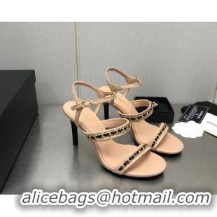 Stylish Chanel Lambskin High Heel Sandals 8.5cm with CHain G39549 Beige 122967