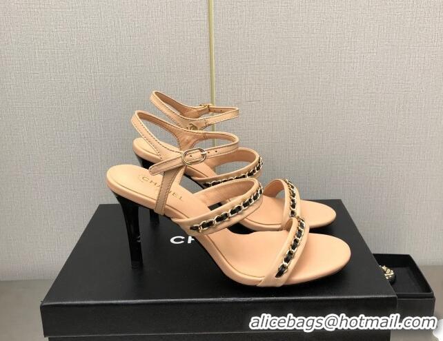 Stylish Chanel Lambskin High Heel Sandals 8.5cm with CHain G39549 Beige 122967