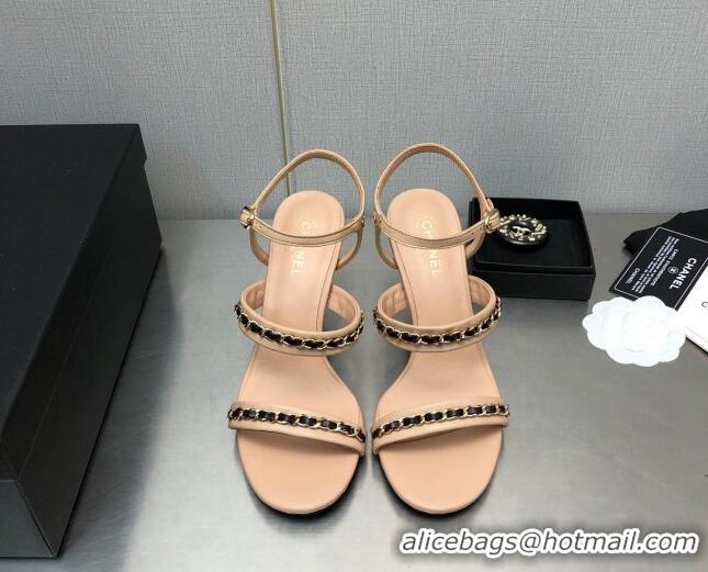 Stylish Chanel Lambskin High Heel Sandals 8.5cm with CHain G39549 Beige 122967