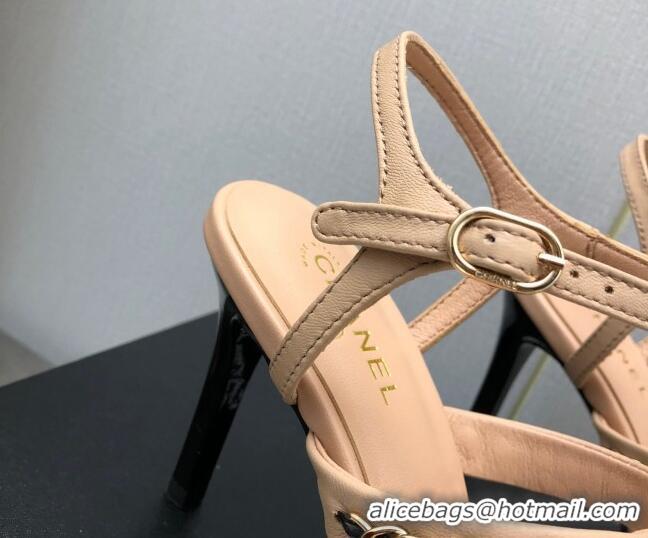 Stylish Chanel Lambskin High Heel Sandals 8.5cm with CHain G39549 Beige 122967