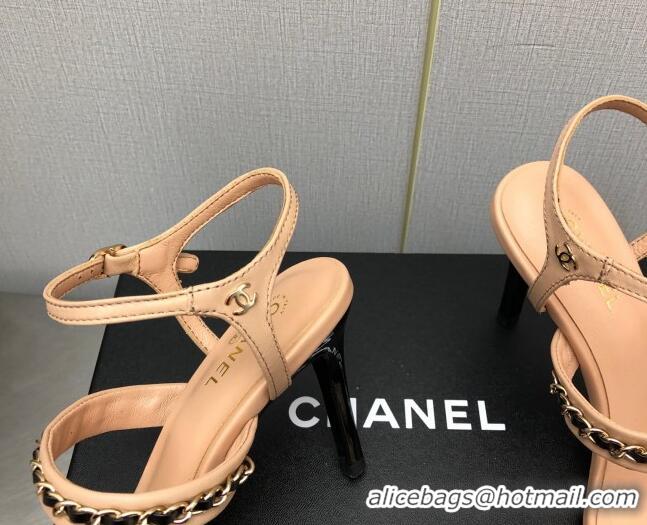 Stylish Chanel Lambskin High Heel Sandals 8.5cm with CHain G39549 Beige 122967