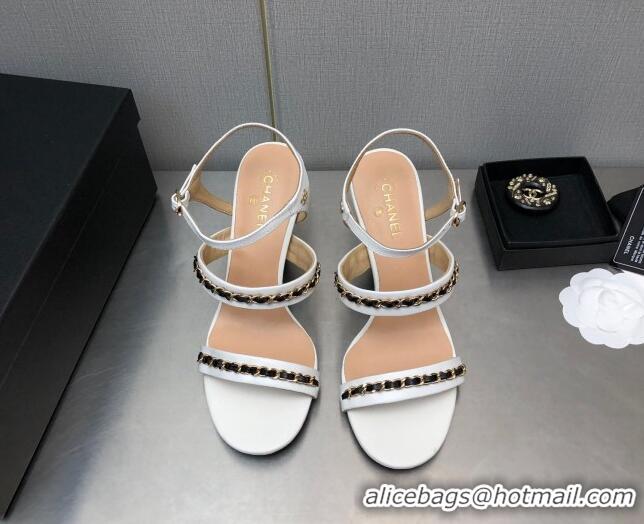 Top Grade Chanel Lambskin High Heel Sandals 8.5cm with CHain G39549 White 122971