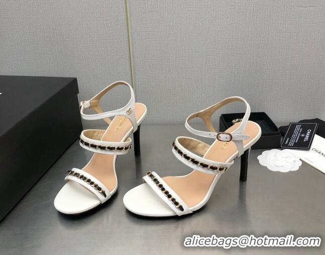 Top Grade Chanel Lambskin High Heel Sandals 8.5cm with CHain G39549 White 122971