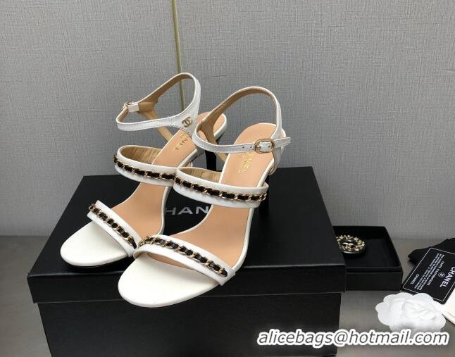 Top Grade Chanel Lambskin High Heel Sandals 8.5cm with CHain G39549 White 122971