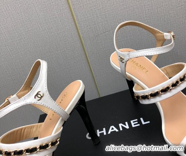 Top Grade Chanel Lambskin High Heel Sandals 8.5cm with CHain G39549 White 122971