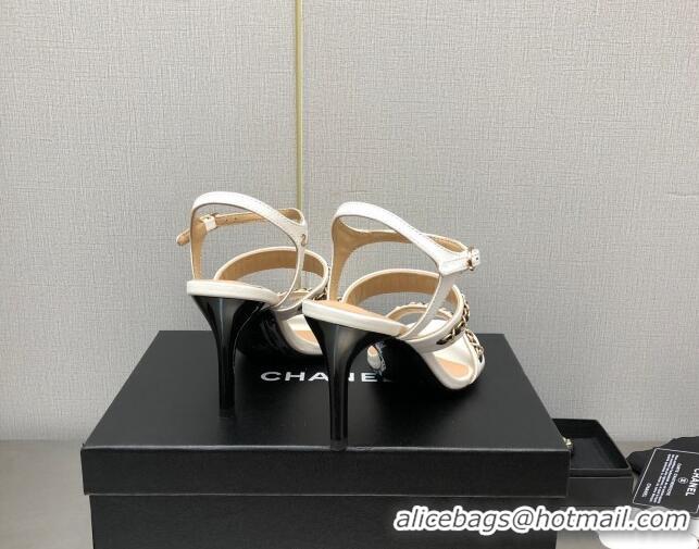 Top Grade Chanel Lambskin High Heel Sandals 8.5cm with CHain G39549 White 122971