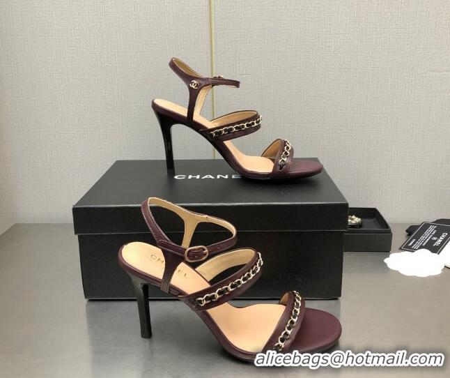 Stylish Chanel Lambskin High Heel Sandals 8.5cm with CHain G39549 Burgundy 122973