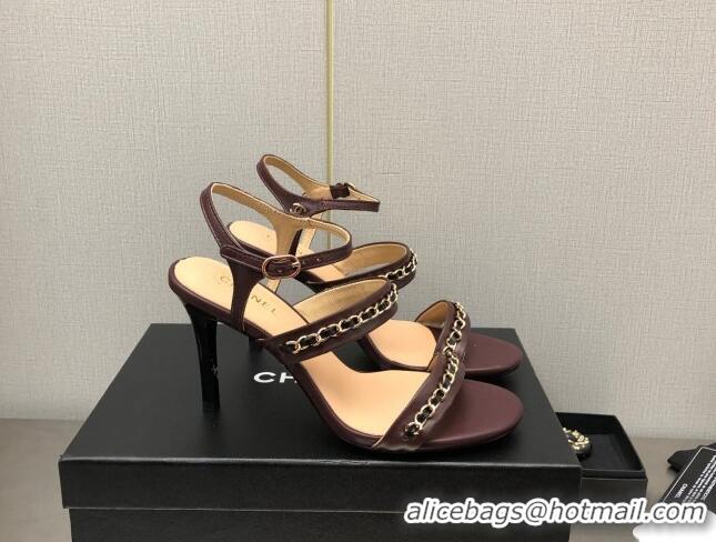 Stylish Chanel Lambskin High Heel Sandals 8.5cm with CHain G39549 Burgundy 122973