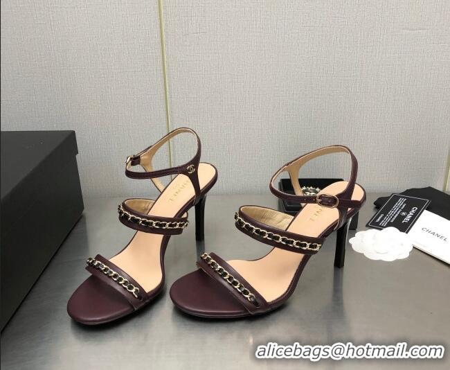 Stylish Chanel Lambskin High Heel Sandals 8.5cm with CHain G39549 Burgundy 122973