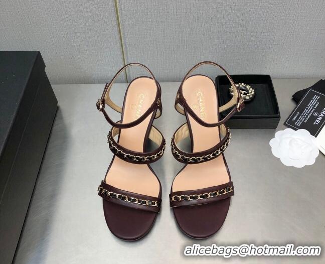 Stylish Chanel Lambskin High Heel Sandals 8.5cm with CHain G39549 Burgundy 122973