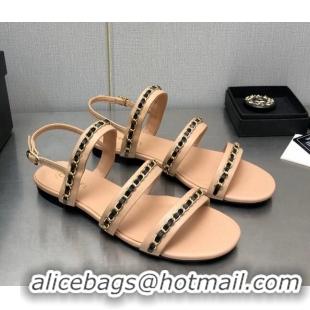 Good Product Chanel Lambskin Flat Sandals with CHain G39549 Beige 122968