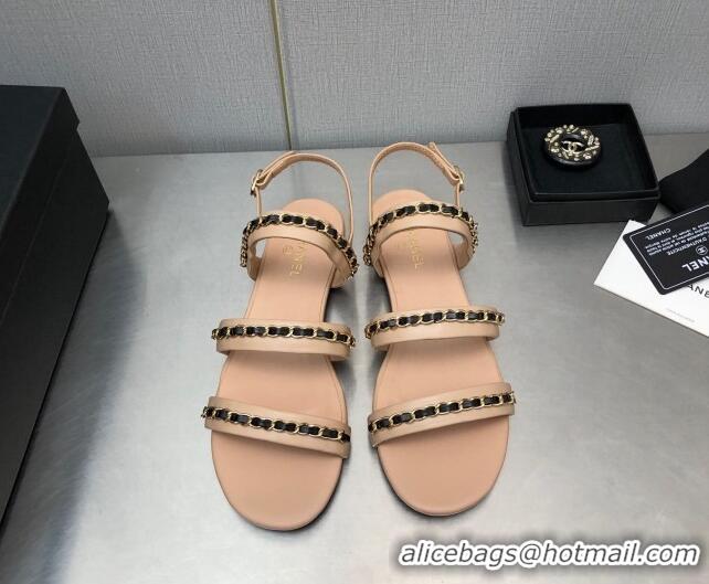 Good Product Chanel Lambskin Flat Sandals with CHain G39549 Beige 122968