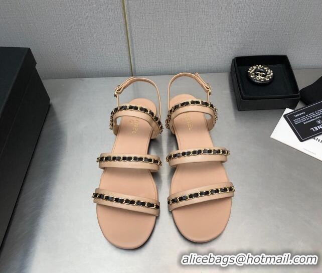 Good Product Chanel Lambskin Flat Sandals with CHain G39549 Beige 122968