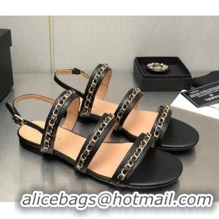 Trendy Design Chanel Lambskin Flat Sandals with CHain G39549 Black 122970