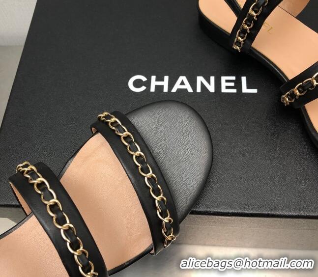 Trendy Design Chanel Lambskin Flat Sandals with CHain G39549 Black 122970