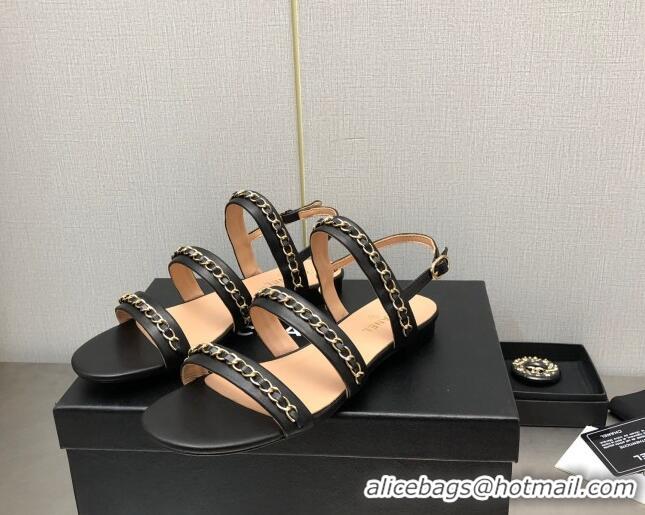 Trendy Design Chanel Lambskin Flat Sandals with CHain G39549 Black 122970