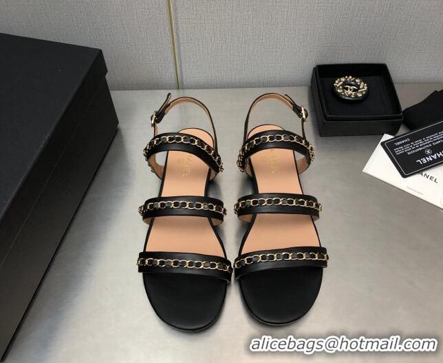 Trendy Design Chanel Lambskin Flat Sandals with CHain G39549 Black 122970