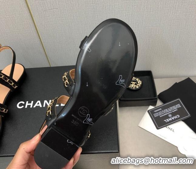 Trendy Design Chanel Lambskin Flat Sandals with CHain G39549 Black 122970