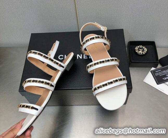 Best Grade Chanel Lambskin Flat Sandals with CHain G39549 White 122972