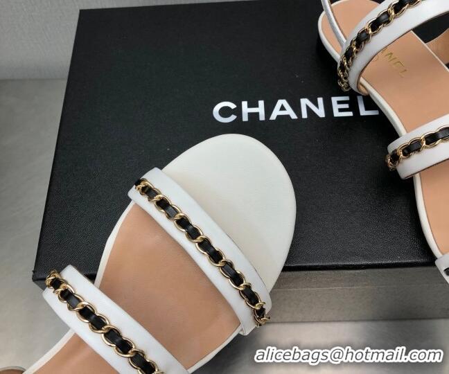 Best Grade Chanel Lambskin Flat Sandals with CHain G39549 White 122972