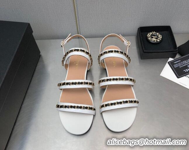 Best Grade Chanel Lambskin Flat Sandals with CHain G39549 White 122972