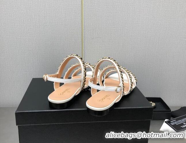 Best Grade Chanel Lambskin Flat Sandals with CHain G39549 White 122972