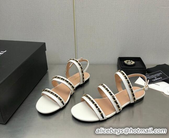 Best Grade Chanel Lambskin Flat Sandals with CHain G39549 White 122972