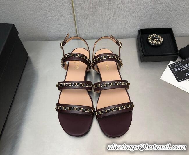 Classic Hot Chanel Lambskin Flat Sandals with CHain G39549 Burgundy 122974