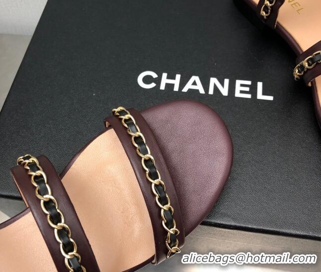 Classic Hot Chanel Lambskin Flat Sandals with CHain G39549 Burgundy 122974