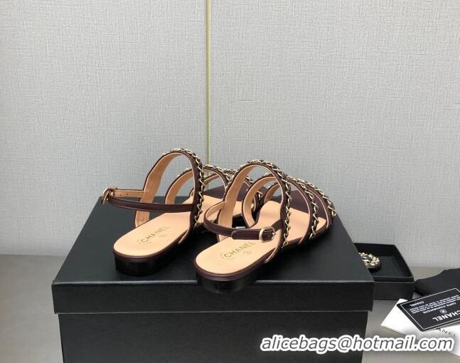 Classic Hot Chanel Lambskin Flat Sandals with CHain G39549 Burgundy 122974