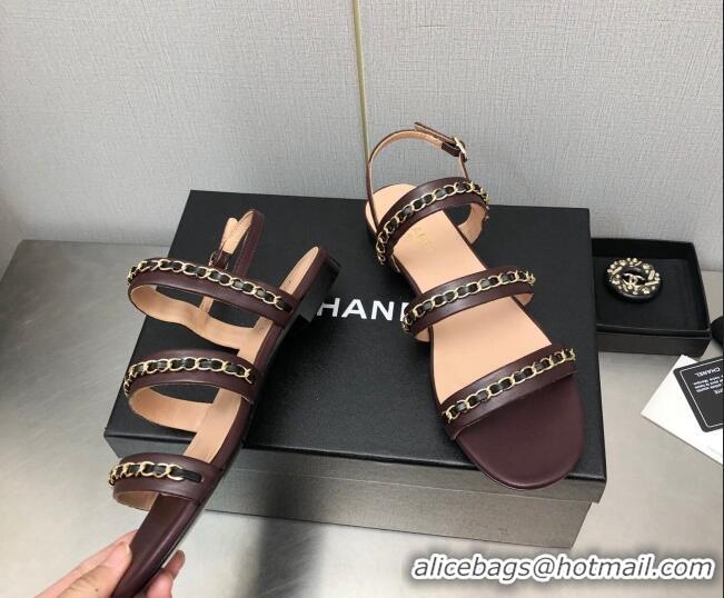 Classic Hot Chanel Lambskin Flat Sandals with CHain G39549 Burgundy 122974