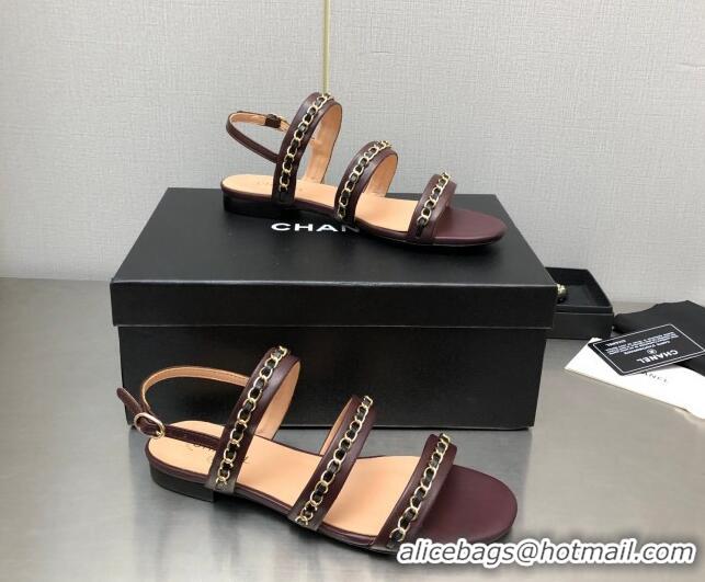 Classic Hot Chanel Lambskin Flat Sandals with CHain G39549 Burgundy 122974