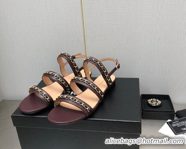 Classic Hot Chanel Lambskin Flat Sandals with CHain G39549 Burgundy 122974