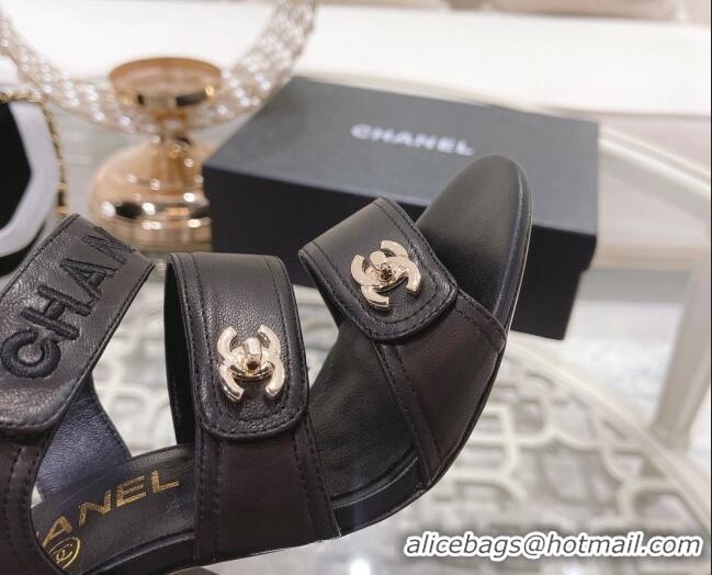 Sumptuous Chanel Lambskin Embroidered Strap Sandals with CC Stud Black 122986