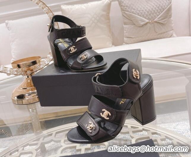 Sumptuous Chanel Lambskin Embroidered Strap Sandals with CC Stud Black 122986