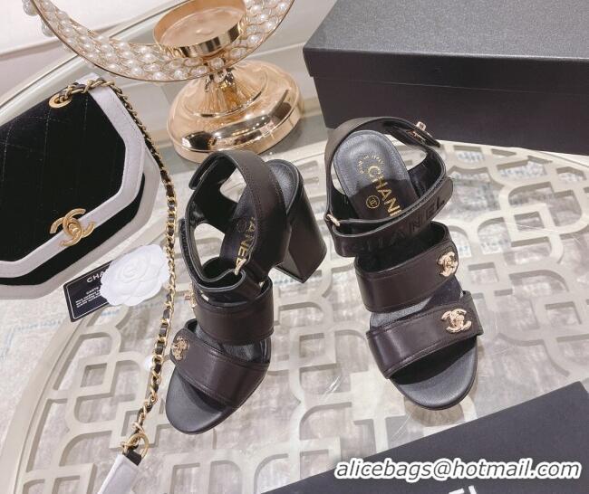 Sumptuous Chanel Lambskin Embroidered Strap Sandals with CC Stud Black 122986