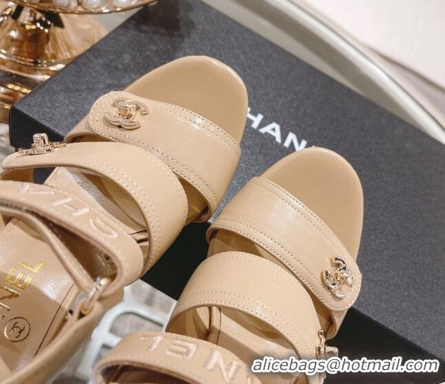 Low Price Chanel Lambskin Embroidered Strap Sandals with CC Stud Nude 122987