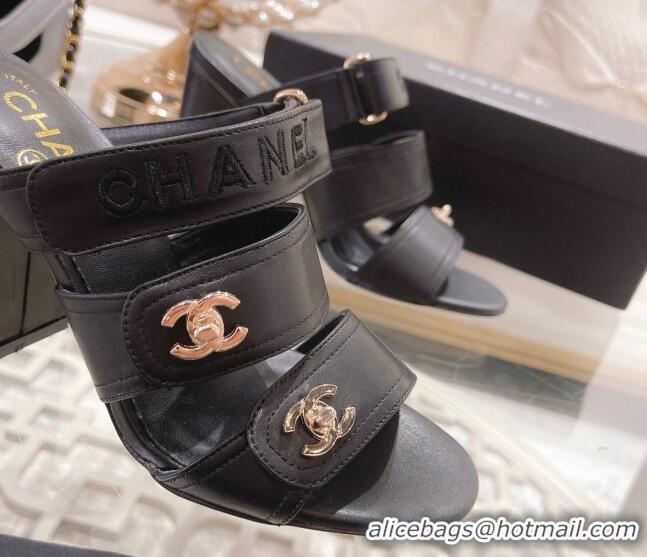 Stylish Chanel Lambskin Embroidered Strap Slide Sandals with CC Stud Black 122988