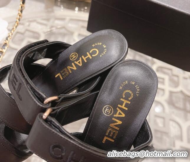 Stylish Chanel Lambskin Embroidered Strap Slide Sandals with CC Stud Black 122988