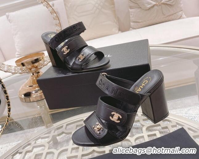 Stylish Chanel Lambskin Embroidered Strap Slide Sandals with CC Stud Black 122988