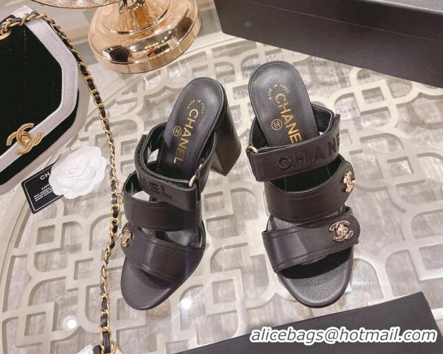 Stylish Chanel Lambskin Embroidered Strap Slide Sandals with CC Stud Black 122988