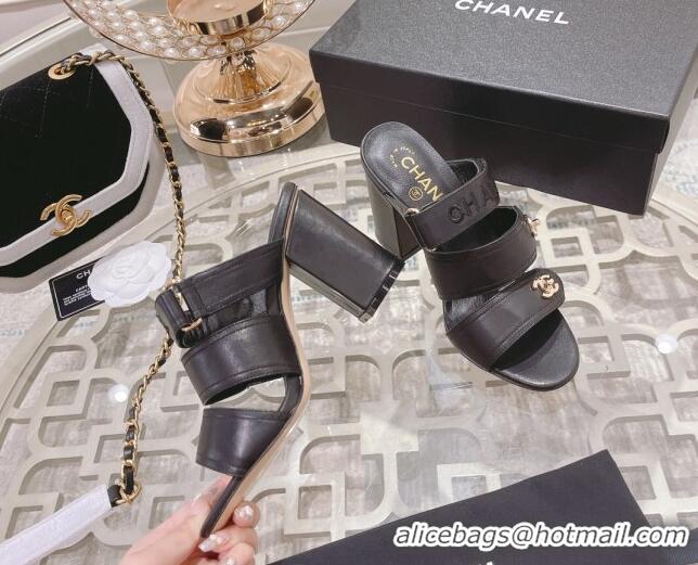 Stylish Chanel Lambskin Embroidered Strap Slide Sandals with CC Stud Black 122988