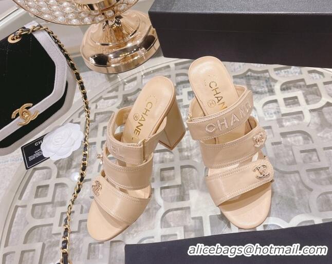 Popular Style Chanel Lambskin Embroidered Strap Slide Sandals with CC Stud Nude 122989