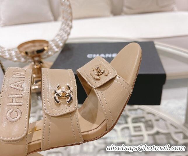 Popular Style Chanel Lambskin Embroidered Strap Slide Sandals with CC Stud Nude 122989