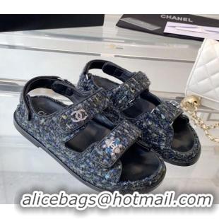 Good Looking Chanel Iridescent Tweed Strap Flat Sandals G35927 Navy Blue 229114