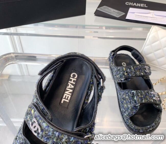 Good Looking Chanel Iridescent Tweed Strap Flat Sandals G35927 Navy Blue 229114