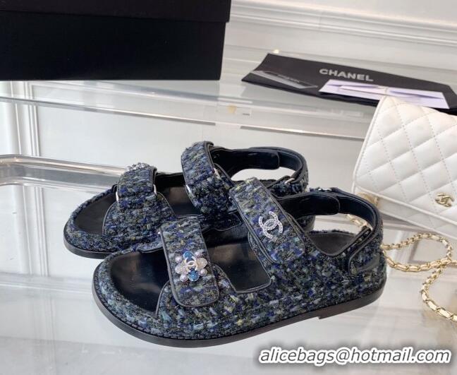 Good Looking Chanel Iridescent Tweed Strap Flat Sandals G35927 Navy Blue 229114